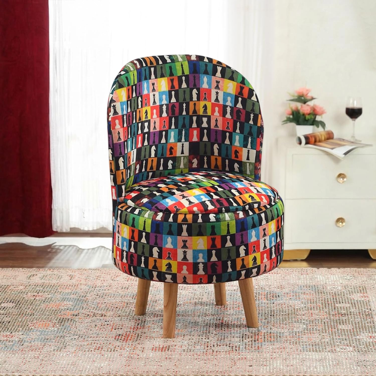 NACIA Velvet Printed Ottoman Chair | Dressing Table Chair for Bedroom Makeup Room Decor | Modern Upholstered Ottoman with Wooden Legs for Living Room & Home (18x18x32 Inches)
