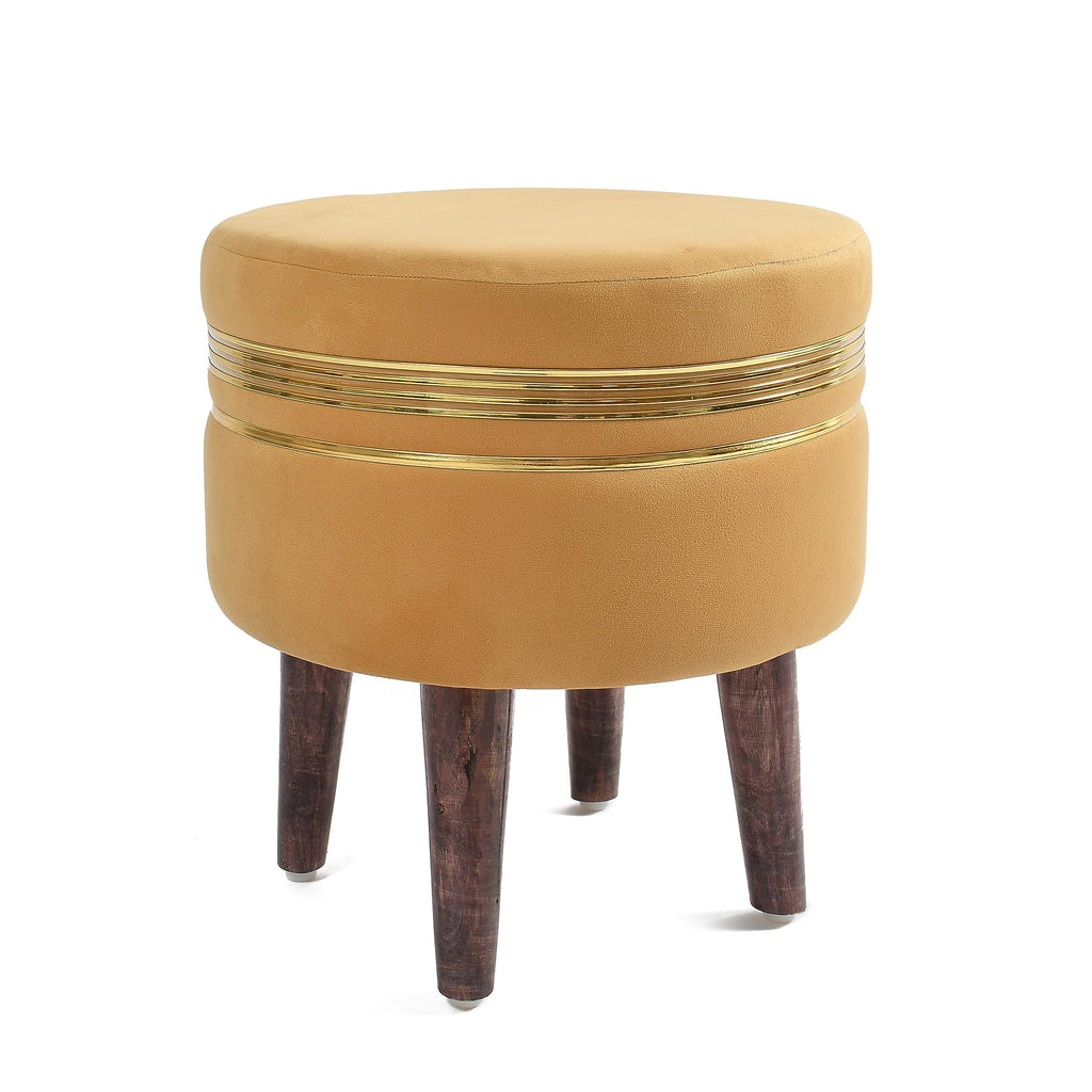 NACIA Ottoman Pouffe Stool for Living Room | Round Cushioned Footstool with Wooden & Gold Metal Legs | Dressing Table Chair for Home Decor, Bedroom & Balcony Use