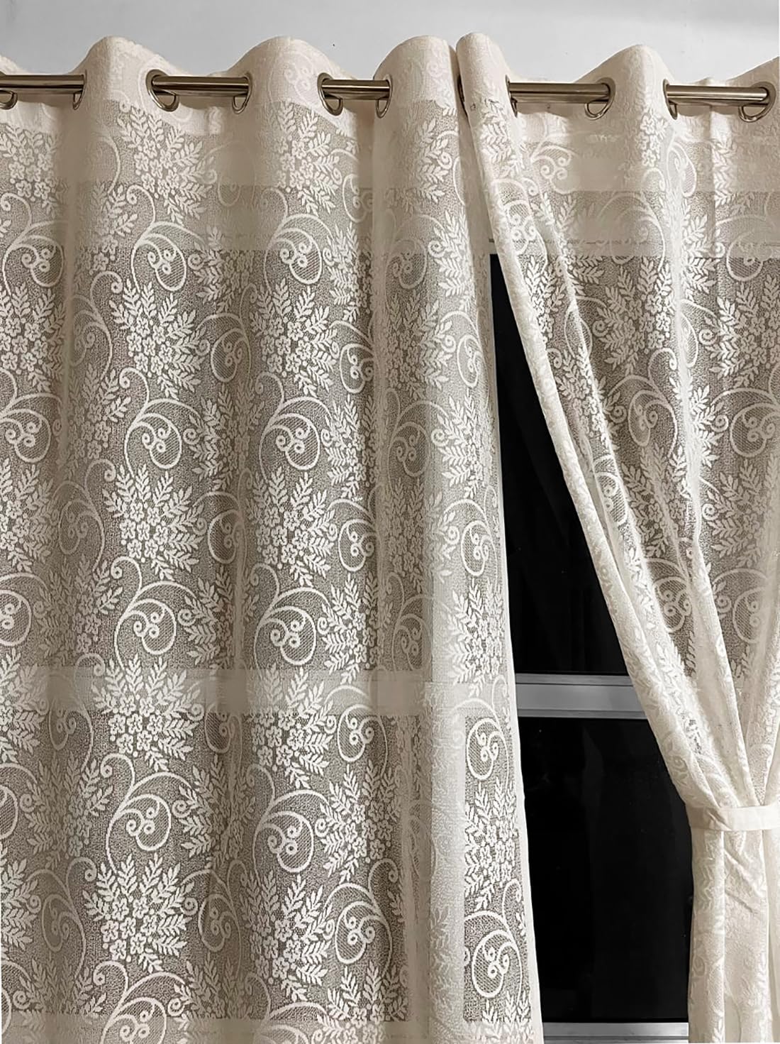NACIA Floral Net Semi Sheer Curtains 9 Feet Long Set of 2 | Transparent Long Door Curtains with Eyelet Rings | Light Filtering Polyester Net Curtains for Living Room and Bedroom