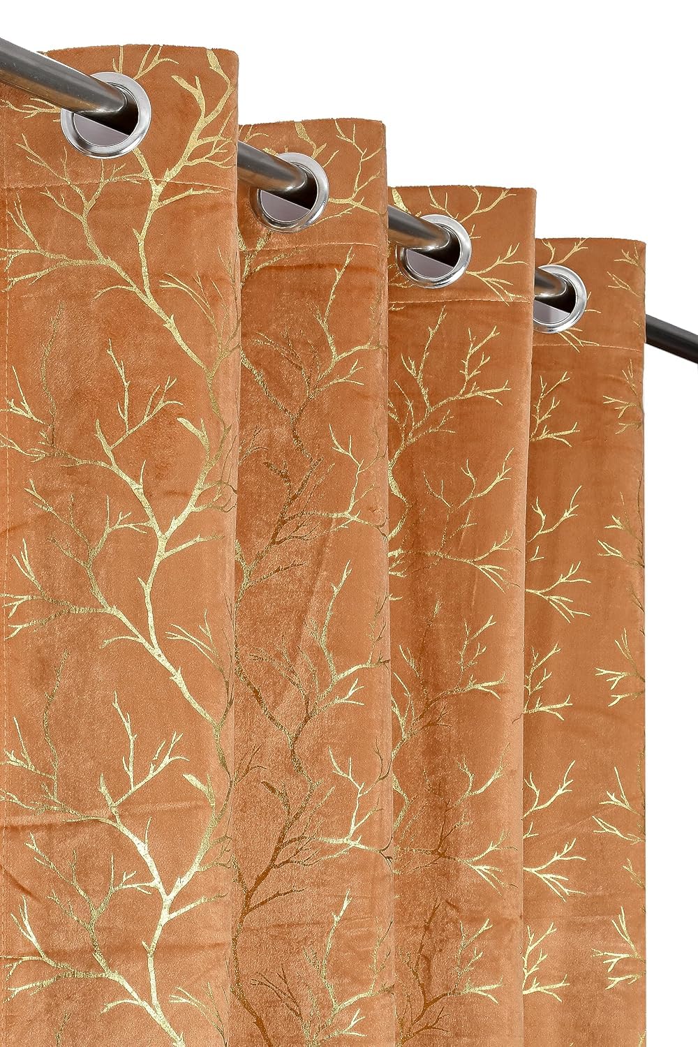 NACIA Golden Foil Print Velvet Curtains for Long Window, Door and Log Door | Decorative Eyelet Room Darkening Drapes with Metallic Tree Branch Design for Living Room and Home Décor, Pack of 1