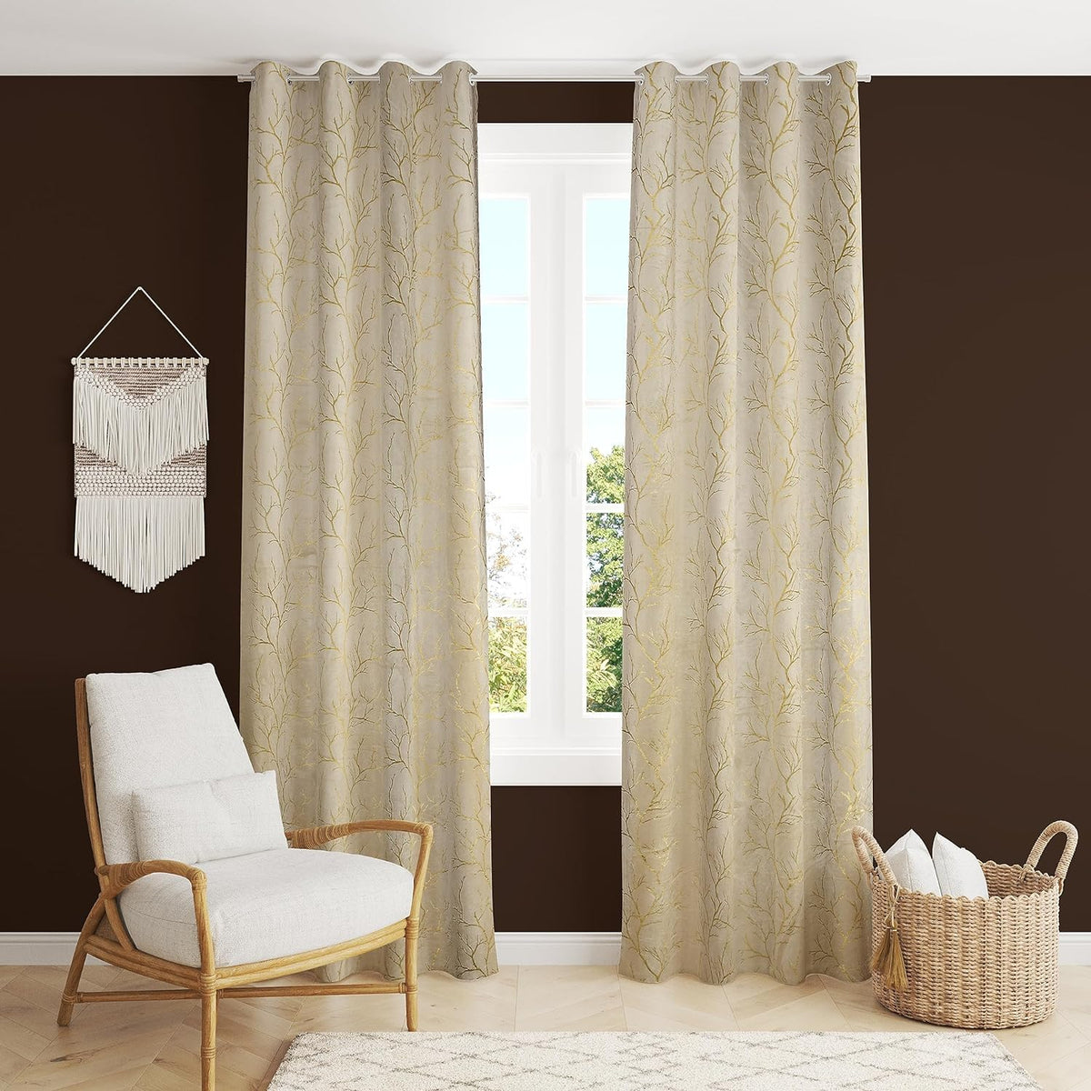 NACIA Golden Foil Print Velvet Curtains for Long Window, Door and Log Door | Decorative Eyelet Room Darkening Drapes with Metallic Tree Branch Design for Living Room and Home Décor, Pack of 1