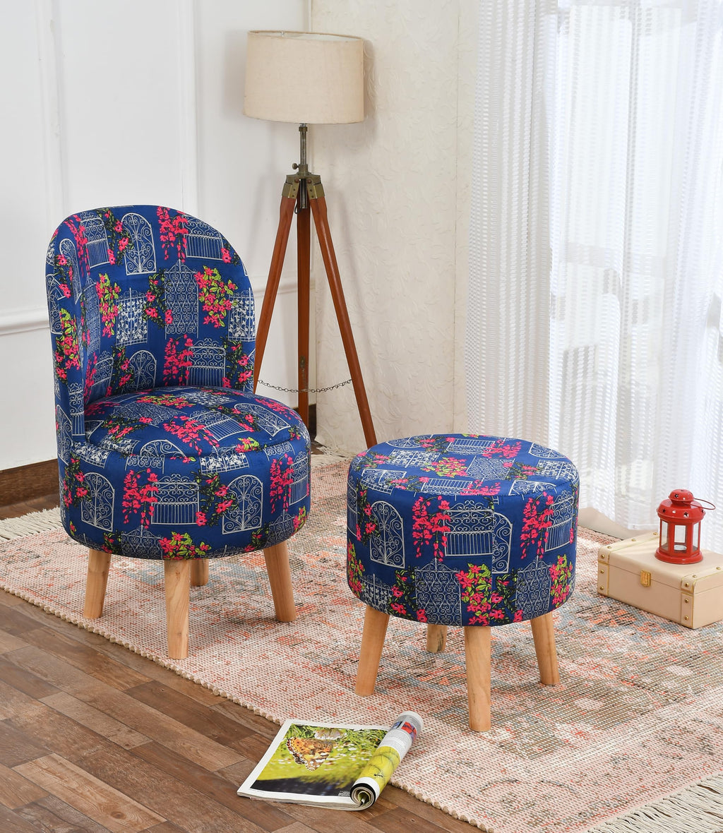 NACIA Velvet Printed Ottoman Chair with Stool Combo | Dressing Table Chair for Bedroom Makeup Room Decor | Modern Upholstered Ottoman with Wooden Legs for Living Room & Home