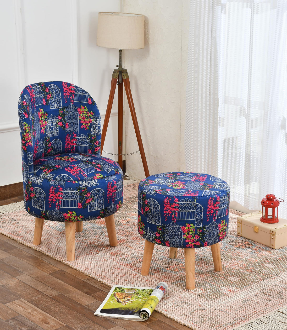 NACIA Velvet Printed Ottoman Chair with Stool Combo | Dressing Table Chair for Bedroom Makeup Room Decor | Modern Upholstered Ottoman with Wooden Legs for Living Room & Home