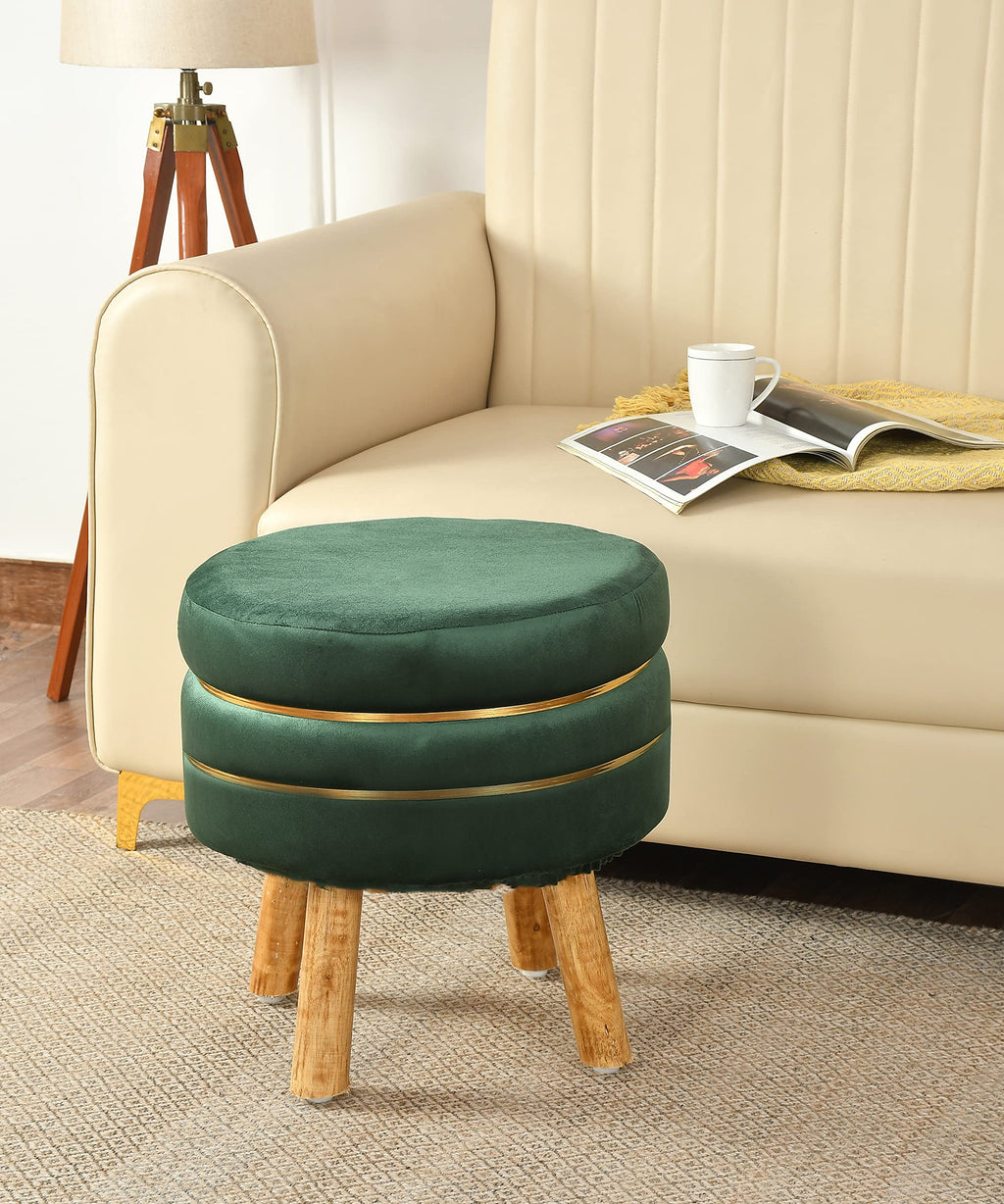NACIA Velvet Upholstered Ottoman Stool with Wooden Legs | Round Pouffe Footrest Seat for Living Room Bedroom Balcony | Compact Foot Stool for Sitting Home Decor Furniture, 18 Inch