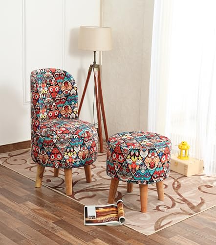 NACIA Velvet Printed Ottoman Chair with Stool Combo | Dressing Table Chair for Bedroom Makeup Room Decor | Modern Upholstered Ottoman with Wooden Legs for Living Room & Home