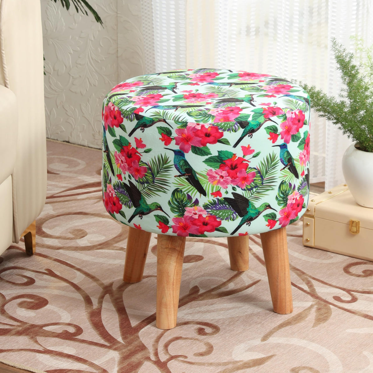 NACIA Printed Ottoman Stool for Living Room | Wooden Pouffe for Sitting and Footrest | Furniture for Home Decor