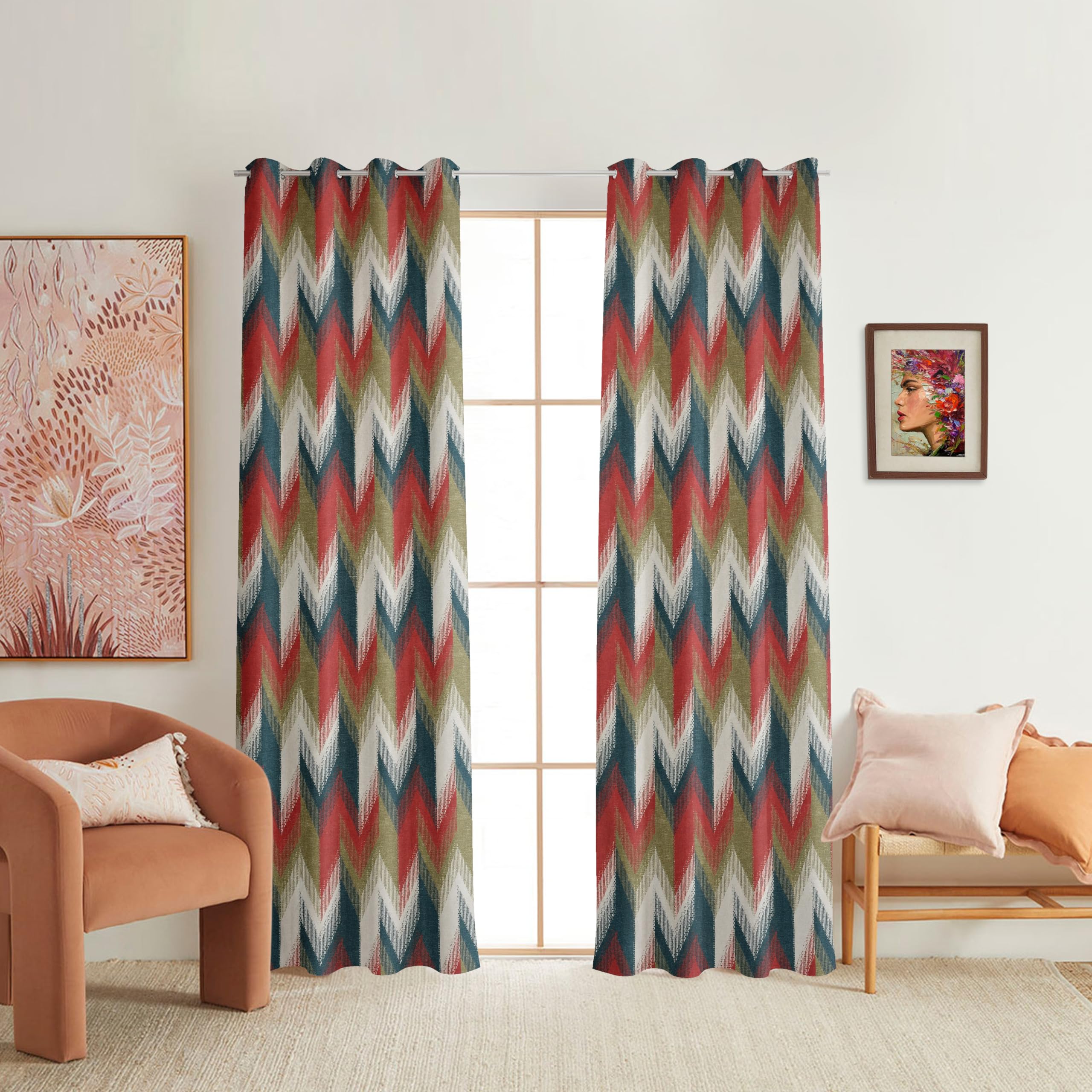 NACIA Cotton Room Darkening Printed Eyelet Curtains for Door, Long Door and Window | Geometric Printed Curtain Panel for Living Room and Bedroom | Grommet Window Drapes