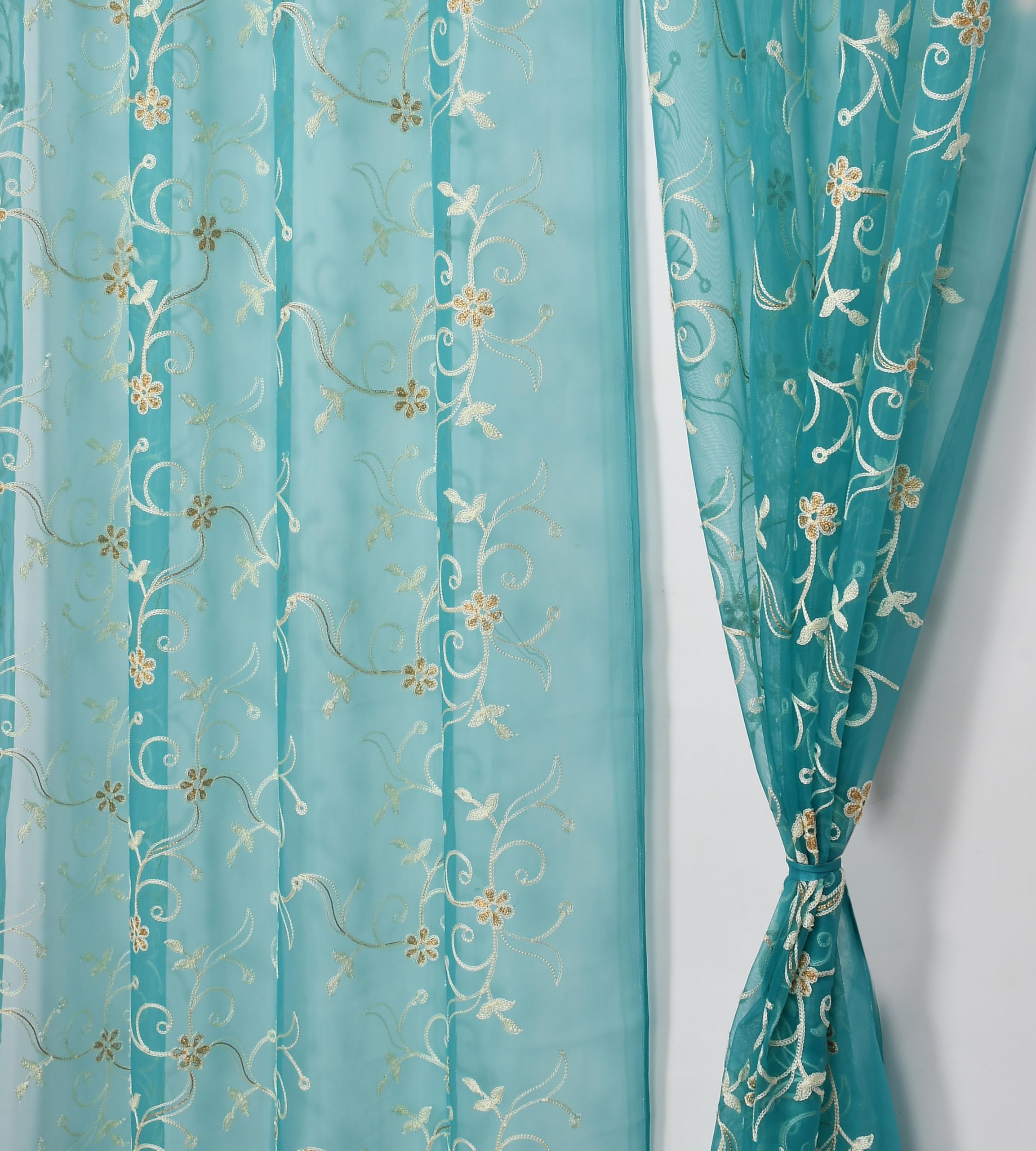 NACIA Tissue Net Embroidery Sheer Curtains 7 Feet Set of 2 | Floral Transparent Door Curtains with Eyelet Rings | Light Filtering Polyester Curtains for Living Room and Bedroom