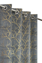 NACIA Golden Foil Print Velvet Curtains for Long Window, Door and Log Door | Decorative Eyelet Room Darkening Drapes with Metallic Tree Branch Design for Living Room and Home Décor, Pack of 1