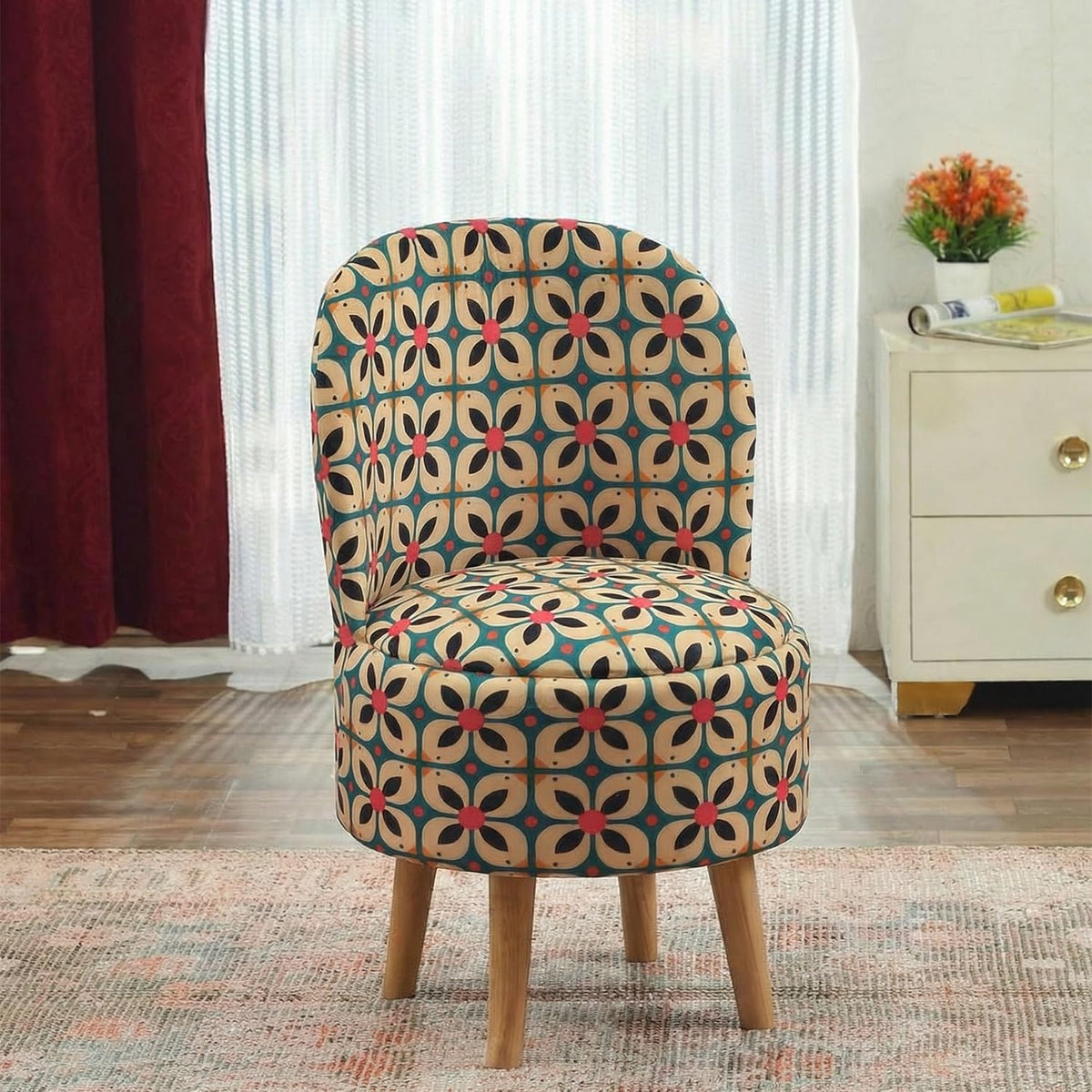 NACIA Velvet Printed Ottoman Chair | Dressing Table Chair for Bedroom Makeup Room Decor | Modern Upholstered Ottoman with Wooden Legs for Living Room & Home (18x18x32 Inches)