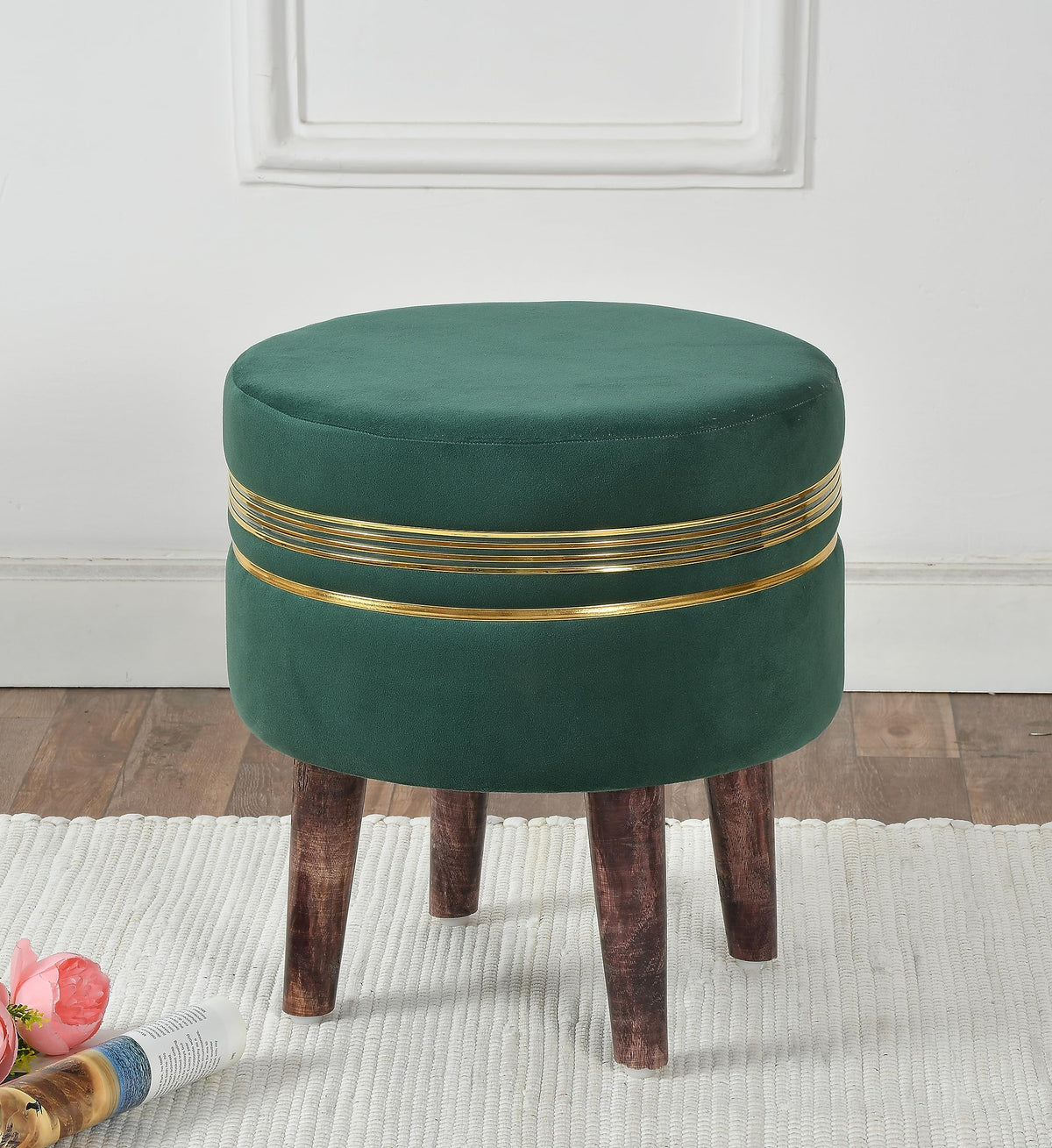 NACIA Ottoman Pouffe Stool for Living Room | Round Cushioned Footstool with Wooden & Gold Metal Legs | Dressing Table Chair for Home Decor, Bedroom & Balcony Use