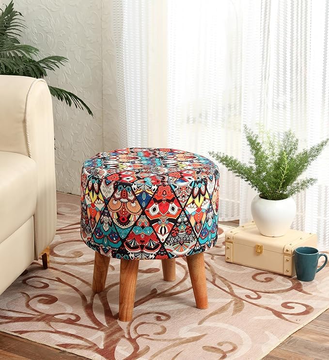 NACIA Printed Ottoman Stool for Living Room | Wooden Pouffe for Sitting and Footrest | Furniture for Home Decor