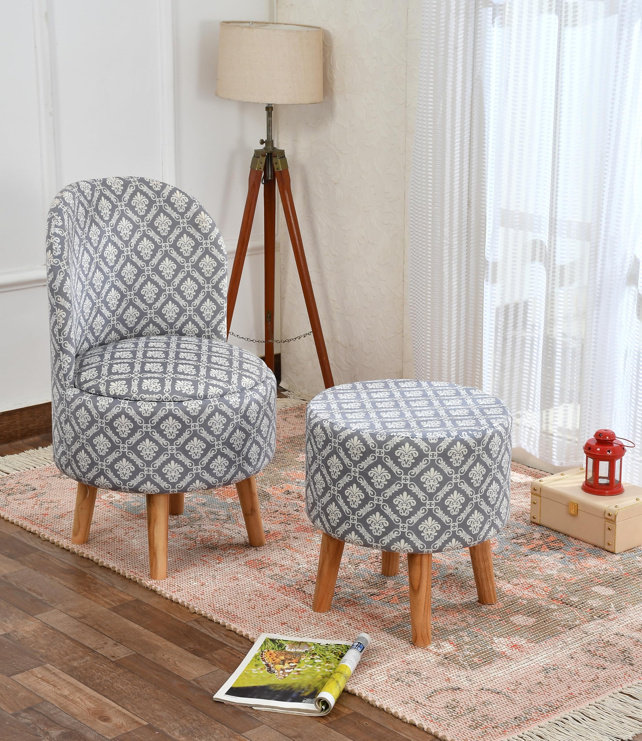 NACIA Velvet Printed Ottoman Chair with Stool Combo | Dressing Table Chair for Bedroom Makeup Room Decor | Modern Upholstered Ottoman with Wooden Legs for Living Room & Home