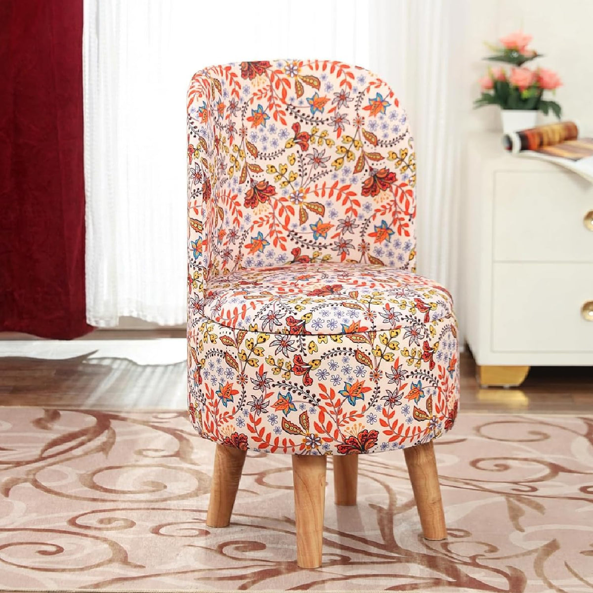 NACIA Velvet Printed Ottoman Chair | Dressing Table Chair for Bedroom Makeup Room Decor | Modern Upholstered Ottoman with Wooden Legs for Living Room & Home (18x18x32 Inches)