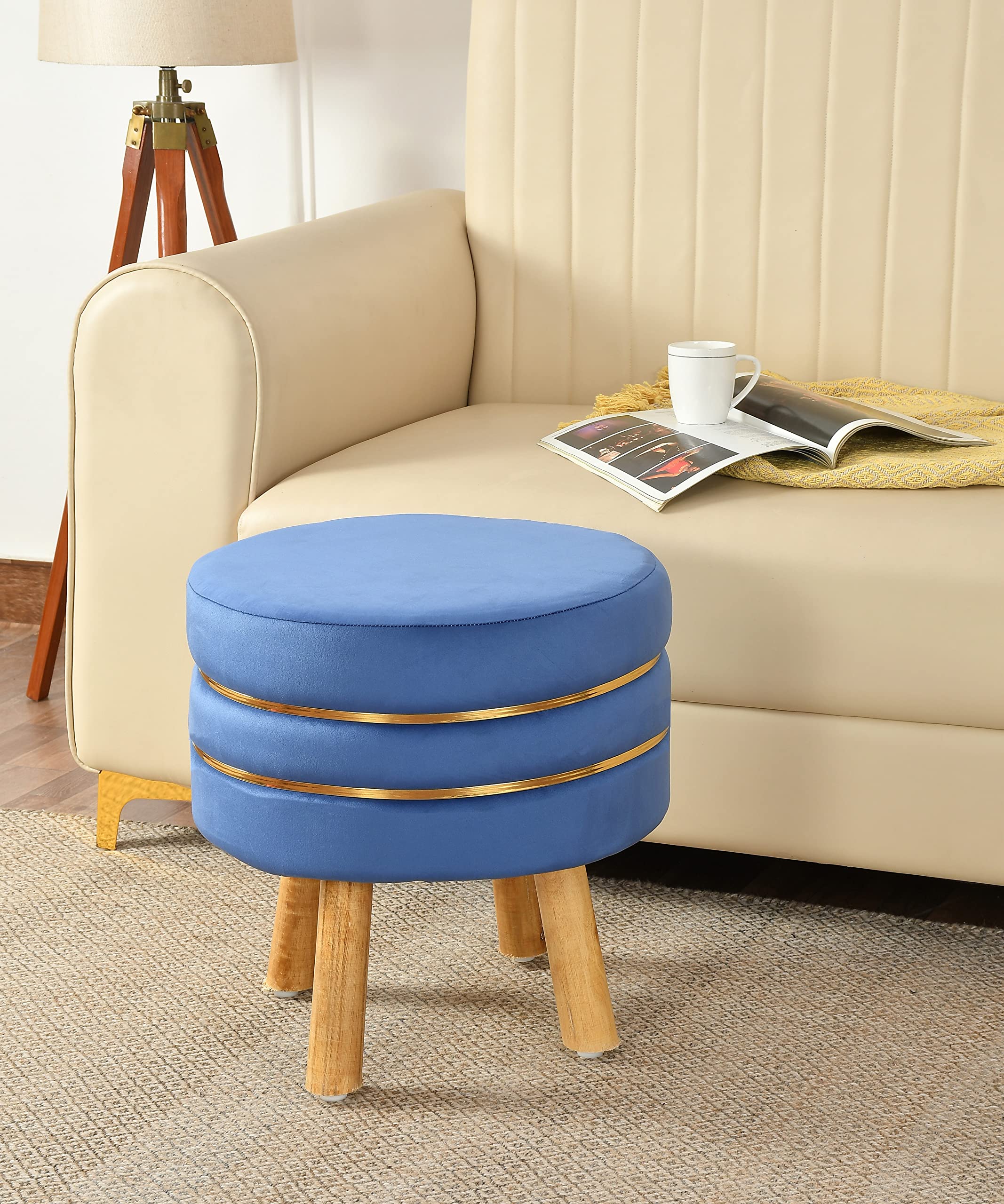 NACIA Velvet Upholstered Ottoman Stool with Wooden Legs | Round Pouffe Footrest Seat for Living Room Bedroom Balcony | Compact Foot Stool for Sitting Home Decor Furniture, 18 Inch