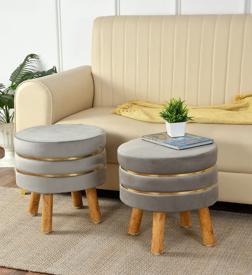 NACIA Velvet Upholstered Ottoman Stool with Wooden Legs | Round Pouffe Footrest Seat for Living Room Bedroom Balcony | Compact Foot Stool for Sitting Home Decor Furniture, 18 Inch