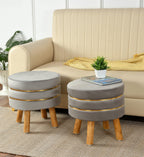 NACIA Velvet Upholstered Ottoman Stool with Wooden Legs | Round Pouffe Footrest Seat for Living Room Bedroom Balcony | Compact Foot Stool for Sitting Home Decor Furniture, 18 Inch