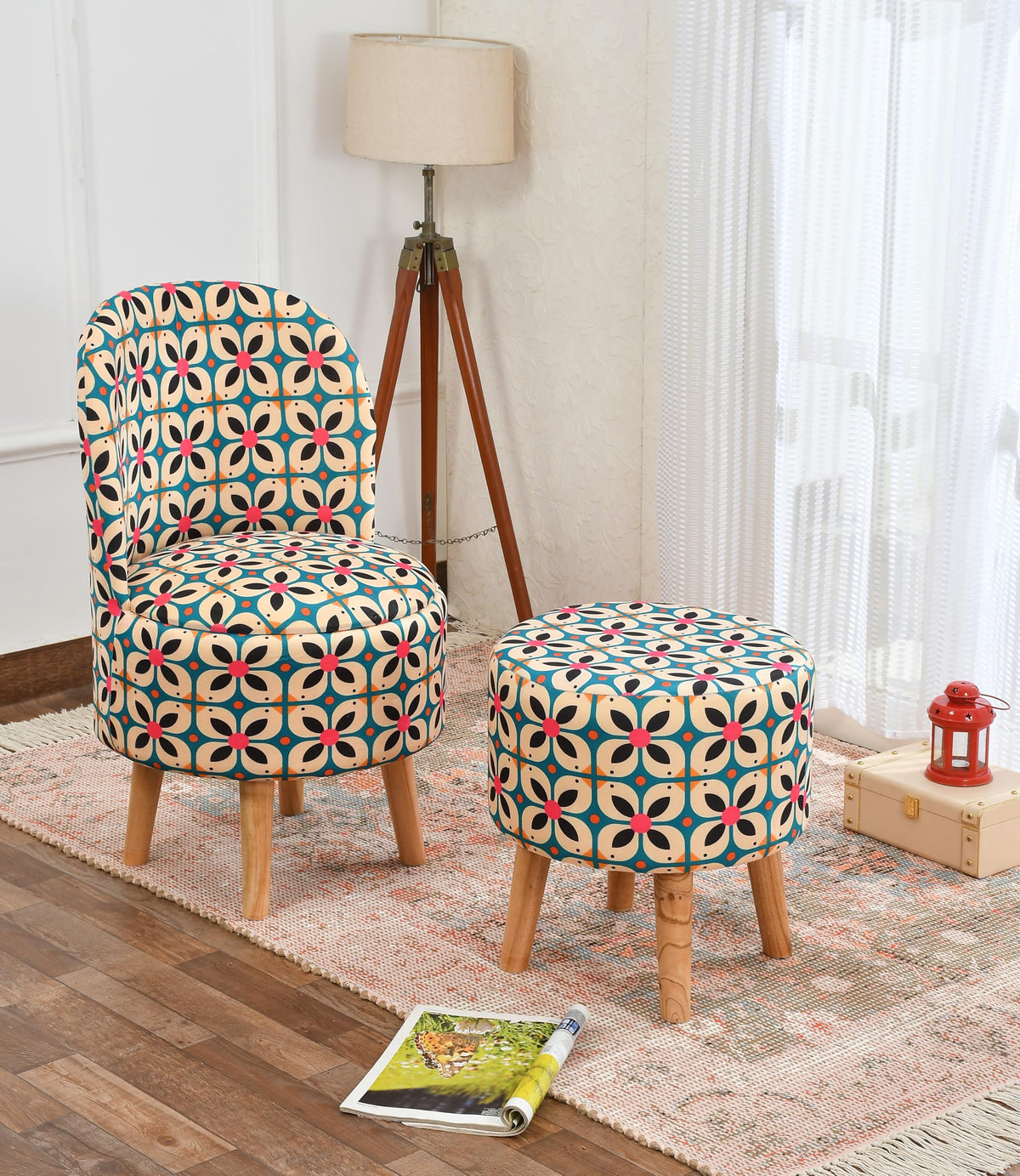 NACIA Velvet Printed Ottoman Chair with Stool Combo | Dressing Table Chair for Bedroom Makeup Room Decor | Modern Upholstered Ottoman with Wooden Legs for Living Room & Home