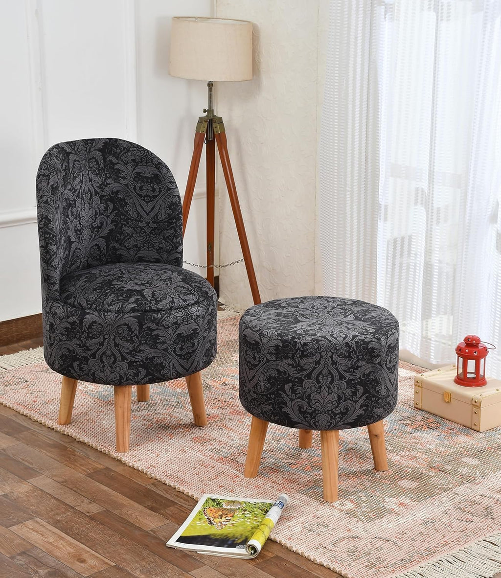 NACIA Velvet Printed Ottoman Chair with Stool Combo | Dressing Table Chair for Bedroom Makeup Room Decor | Modern Upholstered Ottoman with Wooden Legs for Living Room & Home