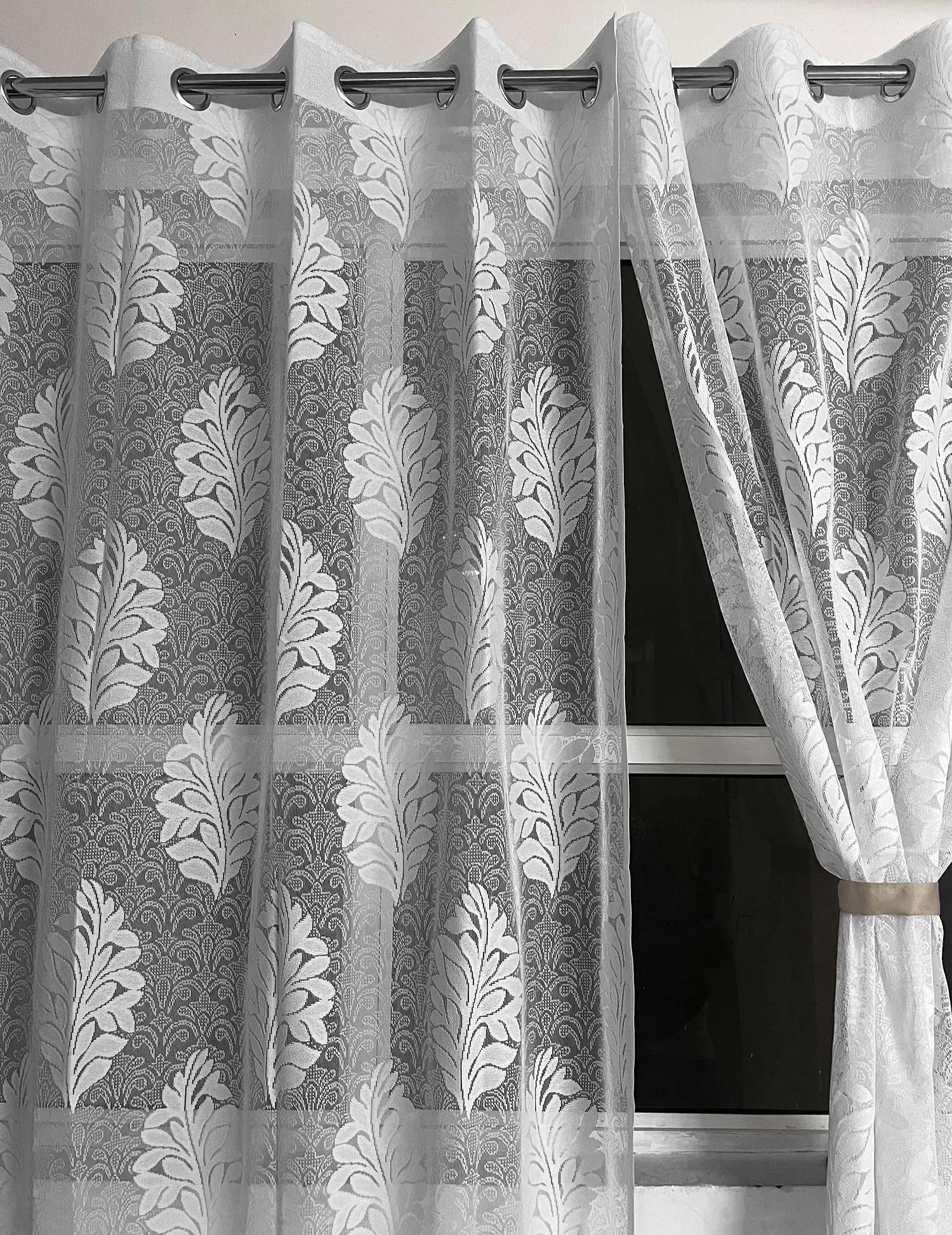 NACIA Floral Net Semi Sheer Curtains 9 Feet Long Set of 2 | Transparent Long Door Curtains with Eyelet Rings | Light Filtering Polyester Net Curtains for Living Room and Bedroom