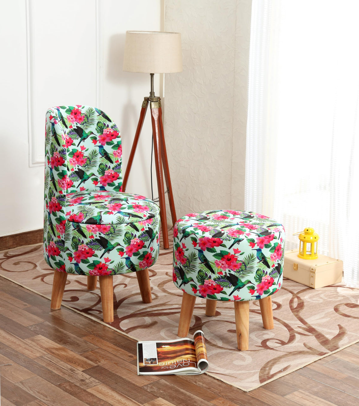 NACIA Velvet Printed Ottoman Chair with Stool Combo | Dressing Table Chair for Bedroom Makeup Room Decor | Modern Upholstered Ottoman with Wooden Legs for Living Room & Home