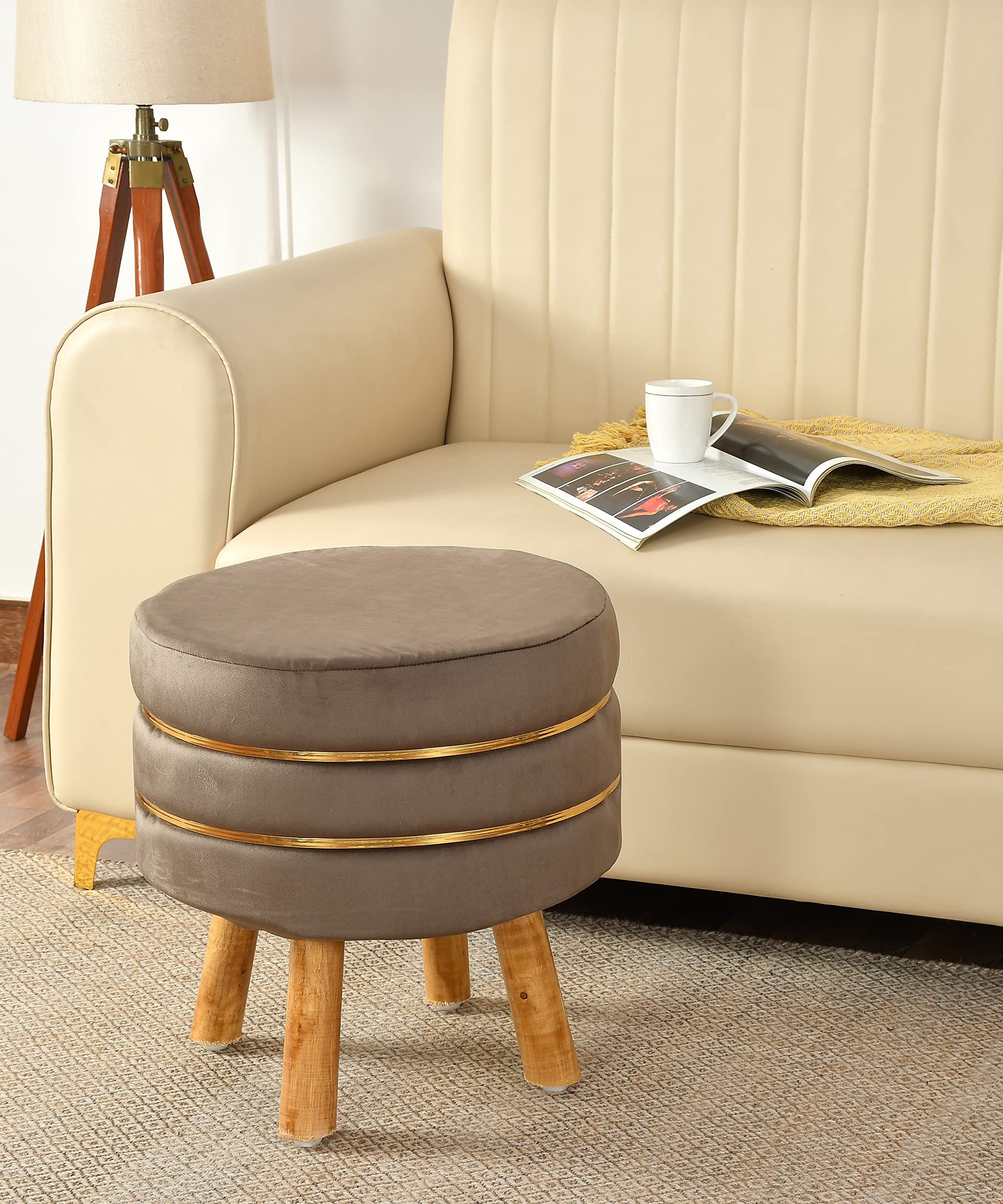 NACIA Velvet Upholstered Ottoman Stool with Wooden Legs | Round Pouffe Footrest Seat for Living Room Bedroom Balcony | Compact Foot Stool for Sitting Home Decor Furniture, 18 Inch