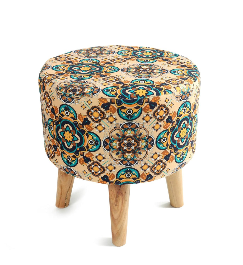 NACIA Printed Ottoman Stool for Living Room | Wooden Pouffe for Sitting and Footrest | Furniture for Home Decor