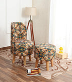 NACIA Velvet Printed Ottoman Chair with Stool Combo | Dressing Table Chair for Bedroom Makeup Room Decor | Modern Upholstered Ottoman with Wooden Legs for Living Room & Home