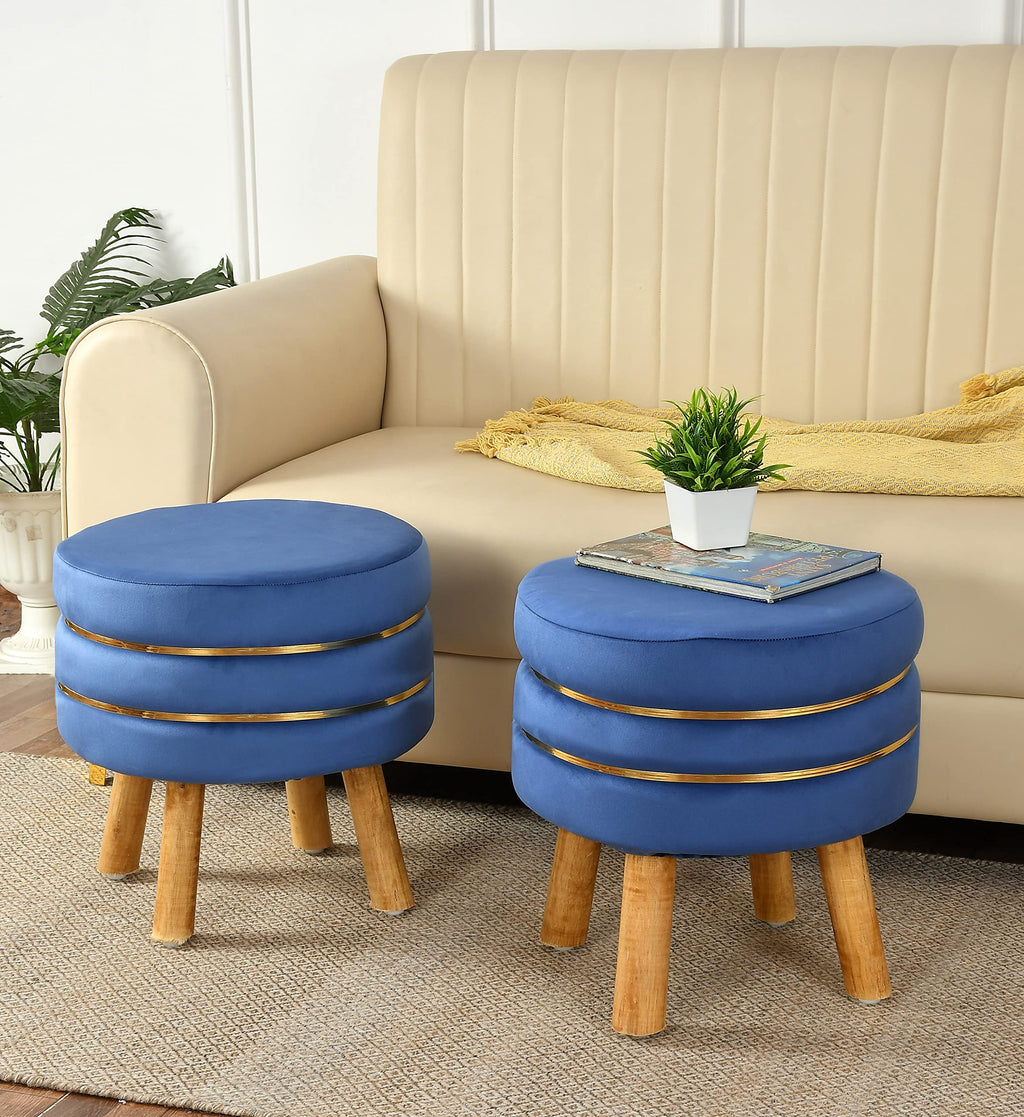 NACIA Velvet Upholstered Ottoman Stool with Wooden Legs | Round Pouffe Footrest Seat for Living Room Bedroom Balcony | Compact Foot Stool for Sitting Home Decor Furniture, 18 Inch