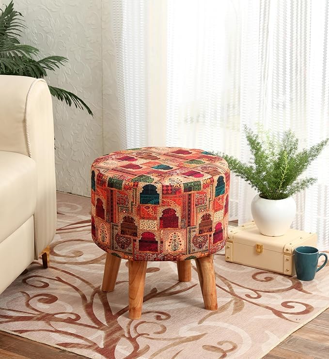 NACIA Printed Ottoman Stool for Living Room | Wooden Pouffe for Sitting and Footrest | Furniture for Home Decor