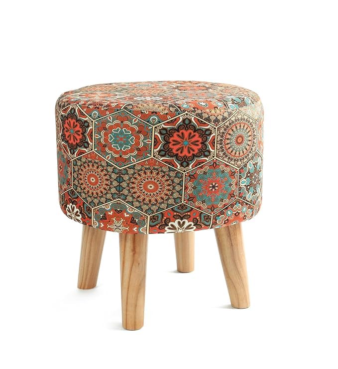 NACIA Printed Ottoman Stool for Living Room | Wooden Pouffe for Sitting and Footrest | Furniture for Home Decor